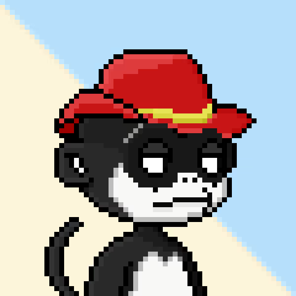 A pixel art illustration of a black and white cat wearing a red firefighter's hat, set against a light blue and beige background.