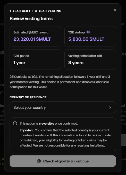 A dark UI screen titled "1-YEAR CLIFF + 3-YEAR VESTING" showing an "Estimated $MULT reward 23,320.01 $MULT" and "TGE airdrop 5,830.00 $MULT" with a "Check eligibility & continue" button.