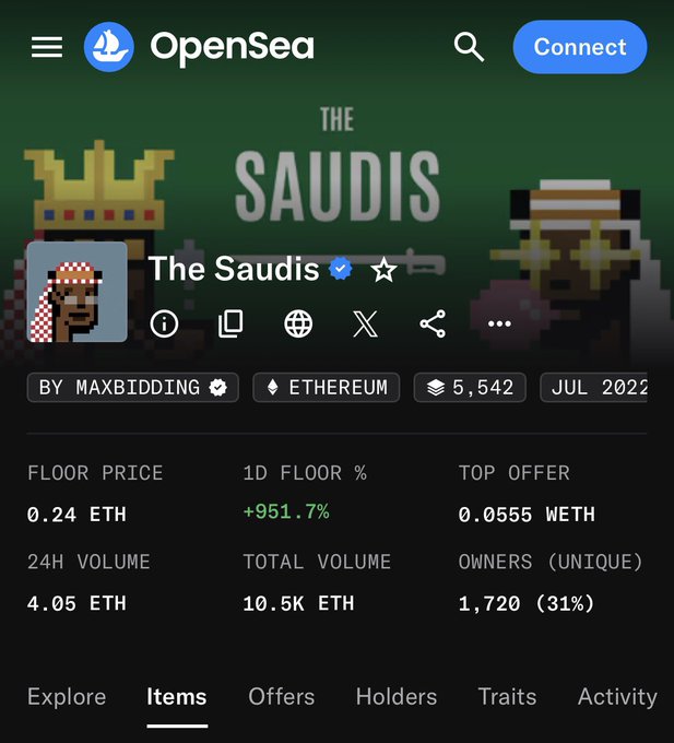 Screenshot of the OpenSea NFT marketplace page for the collection 'The Saudis' on the Ethereum blockchain, showing a floor price of 0.24 ETH, a 1D floor percentage increase of +951.7%, 24H volume of 4.05 ETH, total volume of 10.5K ETH, and 1,720 unique owners.