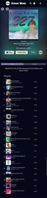 A mobile app screenshot of Sonar Music displays a playlist titled 'Wake and Bake Vibe 227' hosted by 'Kita-Stryker' with 20 tracks.