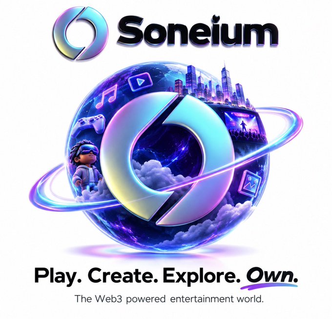 A promotional graphic for 'Soneium' featuring a stylized 3D logo orb containing a cityscape, clouds, and a cartoon character, with the tagline 'Play. Create. Explore. Own. The Web3 powered entertainment world.'