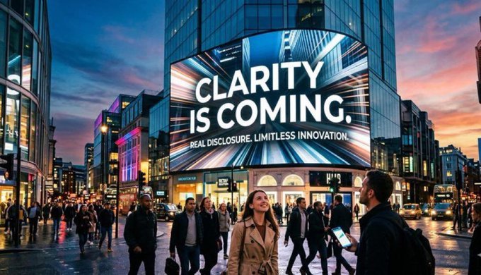 A large billboard in a busy cityscape displays "CLARITY IS COMING. REAL DISCLOSURE. LIMITLESS INNOVATION."