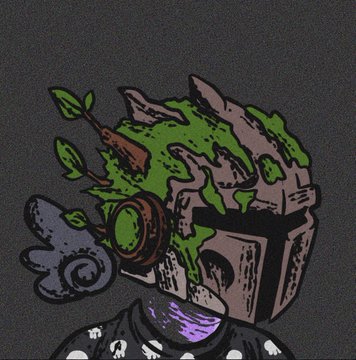 A character with a moss-covered, mechanical head featuring a green lens and smoke emits from the sides, fitting the dark, sci-fi aesthetic of the GuildGrime NFT collection referenced in the post. The stylized artwork complements the user's praise of the collection's unique design.