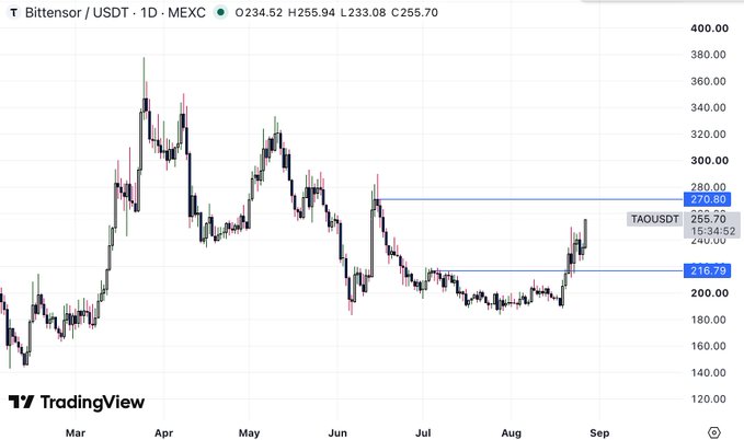 A TradingView candlestick chart for Bittensor / USDT on MEXC, showing the TAOUSDT pair at $255.70 with horizontal support/resistance levels marked at 270.80 and 216.79.