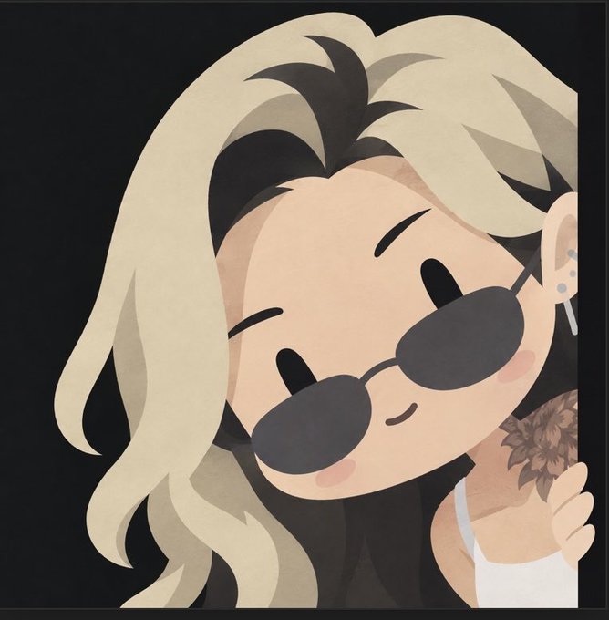 A digital illustration of a cartoon character with long blonde hair, wearing dark oval sunglasses and a white tank top, holding a chocolate ice cream cone.