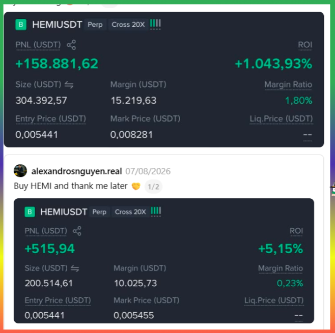 Trading screenshots display 'HEMIUSDT' positions showing significant profits of +158,881.62 USDT (+1,043.93% ROI) and +515.94 USDT (+5.15% ROI), posted by user alexandrosnguyen.real with the caption 'Buy HEMI and thank me later'.