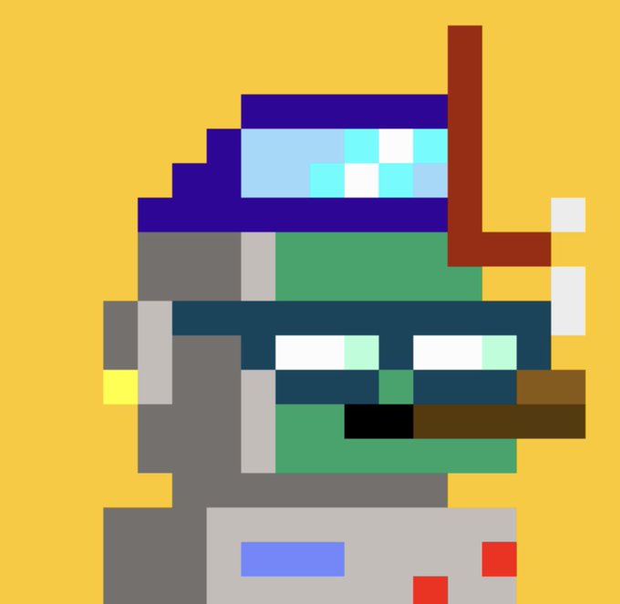 A pixel art illustration depicts a green-skinned character wearing a purple and blue diving helmet and snorkel on a yellow background.
