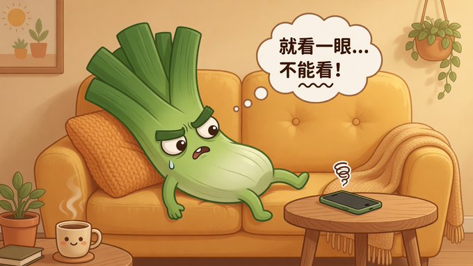 A cartoon illustration of an anthropomorphic celery/green onion character sitting on a yellow couch with a worried expression, with a thought bubble in Chinese reading '就看一眼... 不能看!' next to a smartphone on the table.