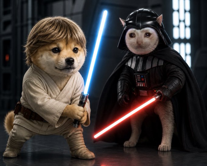 Two costumed animals pose as Star Wars characters in a Star Wars-style setting: a dog dressed as Luke Skywalker wielding a blue lightsaber, and a cat dressed as Darth Vader wielding a red lightsaber.