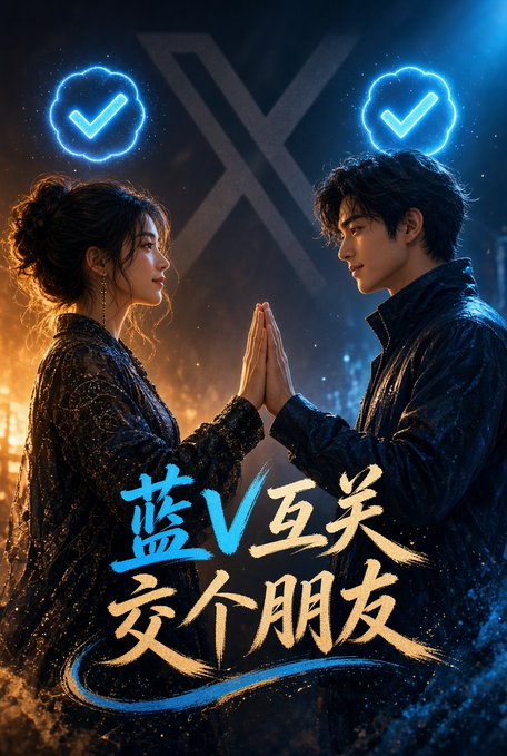 A stylized poster of a man and woman pressing their palms together beneath blue checkmark icons and an 'X' logo, with Chinese text reading '蓝V互关 交个朋友' (Blue V mutual follow, let's be friends).