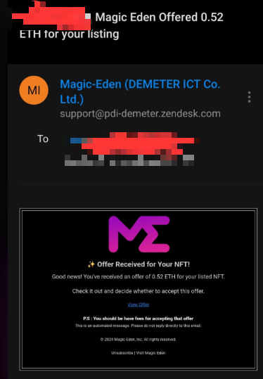 An email notification screenshot from Magic-Eden (DEMETER ICT Co. Ltd.) stating '✨ Offer Received for Your NFT!' with a message reading 'Good news! You've received an offer of 0.52 ETH for your listed NFT.'