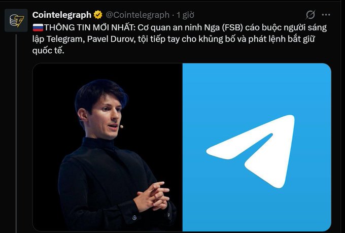 A Cointelegraph Twitter post in Vietnamese about Russian security agency (FSB) accusing Telegram founder Pavel Durov of aiding terrorism, featuring a photo of Durov and the Telegram logo.