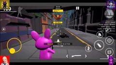 A pink, bunny-eared character stands in an urban alleyway within a mobile game interface featuring on-screen movement controls. The scene visually represents the "RugDollz" game that the post mentions was promised and delivered, showcasing the in-game product tied to the NFT brand.