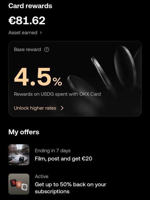 The image shows an OKX Card rewards dashboard displaying €81.62 in card rewards with a base 4.5% cashback rate on USDG spent with the OKX Card, along with offers including €20 for filming and posting, and up to 50% back on Netflix subscriptions. This visually supports the post's point about maximizing wealth by earning 4.5% cashback on USDG spending while holding an 8% yield on OKX, reinforcing the strategy of putting idle capital to work through both yield and spending rewards.