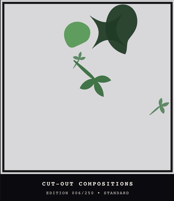 NFT artwork titled "CUT-OUT COMPOSITIONS" edition 006/250 STANDARD, depicting a minimalist green rose with a leaf and stem against a light gray background.