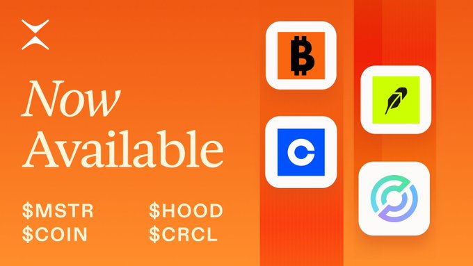 A bold orange promotional banner from Phoenix announces four new equity trades "Now Available" at 10x leverage, featuring icons for Bitcoin, Robinhood, Coinbase, and Circle alongside the tickers $MSTR, $COIN, $HOOD, and $CRCL.