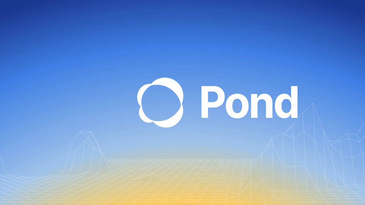 The image features a logo for an AI company named "Pond". The logo consists of a white circle with a blue outline, which reads "Pond" inside. Below the logo, there are two lines that connect to form the words "Revenue share and acquisition upside from AI startups with real revenue Now accessible onchain via @JoinPond on @base". This text is written in a stylized font, giving it an artistic touch. The image also includes a line of mountains in the background, which adds depth and context to the overall composition.