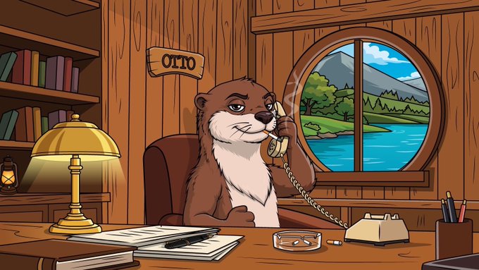 A cartoon illustration of an otter labeled 'OTTO' sitting at a wooden desk, talking on a vintage telephone, with a window showing mountains and water in the background.