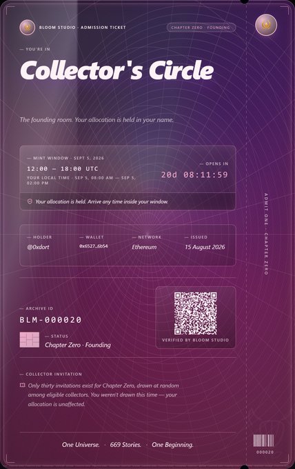 A digital admission ticket for 'Bloom Studio - Collector's Circle' showing a mint window from September 5, 2026, 12:00-18:00 UTC, with holder @0x0art, wallet 0x6527...6054, on the Ethereum network, archive ID BLM-00020.