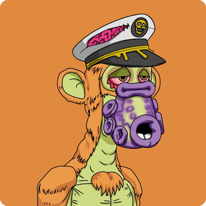 A cartoon illustration of a grotesque green and orange monkey-like creature wearing a naval captain's hat with a skull emblem.
