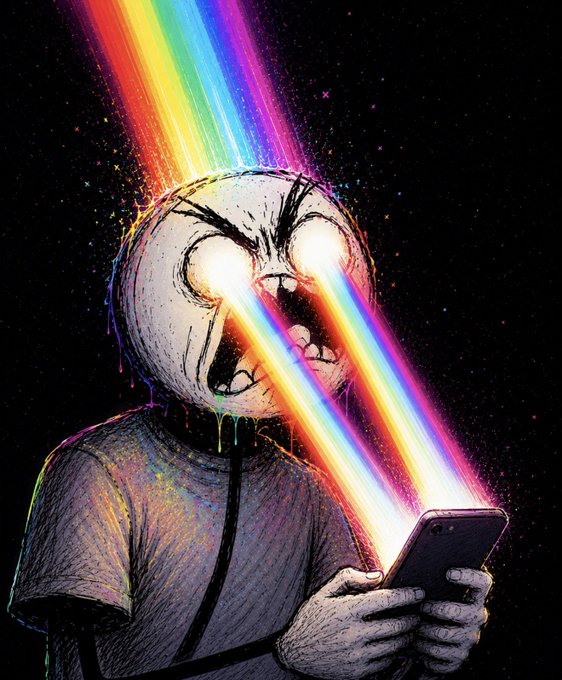 An enraged figure with glowing rainbow laser eyes stares into a smartphone, with the colorful beams shooting both into and out of the device against a starry black background—vividly illustrating the meme's joke about absorbing chart data instantly and involuntarily the moment a trading screen is opened.