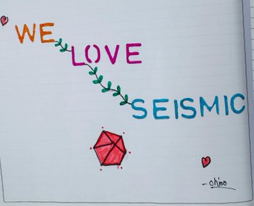A hand-drawn sketch on lined paper with the colorful phrase 'WE LOVE SEISMIC' connected by green vines, a red geometric shape, and the signature '-chloe'.