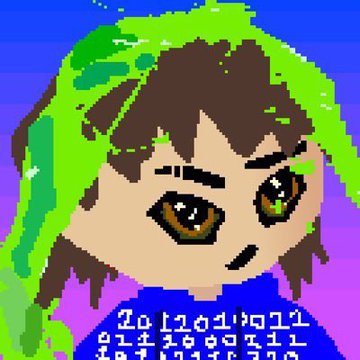 A low-resolution pixel art image of an anime-style character with brown hair against a blue and purple background, with garbled text at the bottom reading 'Zo løodVog11 atar99931h htlhat370'.