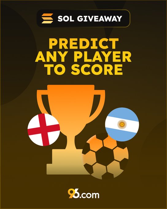 A promotional graphic for a SOL giveaway featuring a golden trophy, the flags of England and Argentina, and a soccer ball, encouraging participants to predict a goal scorer in the semi-final match by retweeting and commenting.