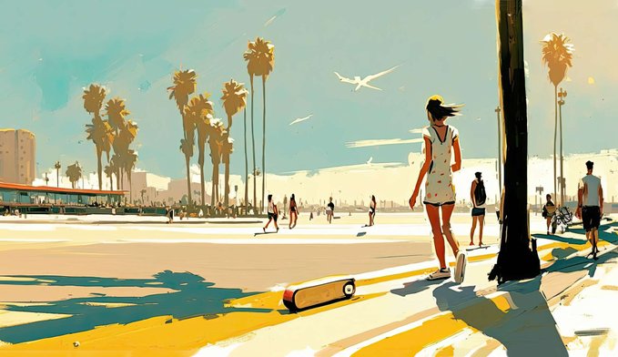 A painterly digital illustration of a sunny beach promenade scene with palm trees, a woman in a white dress walking, a skateboard, and distant figures under a bright blue sky.