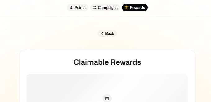 A rewards page titled "Claimable Rewards" with navigation tabs for Points, Campaigns, and Rewards, featuring a gift box icon and a Back button—showing where users can claim their Ondo rewards after being selected as winners.