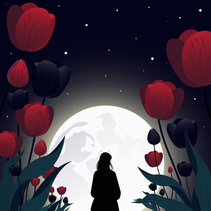 A silhouetted figure stands before a luminous full moon, framed by tall red and dark tulips under a starry night sky, evoking a sense of quiet contemplation and otherworldly beauty.

The image aligns with the "QT Your Tezos Art" post by showcasing a dreamlike, digitally rendered artwork whose ethereal aesthetic and NFT-style composition suit a Tezos-based art collection, inviting viewers to appreciate and engage with creative digital pieces on the blockchain.