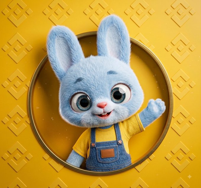 A 3D-rendered illustration features a cute, fuzzy blue bunny character with large eyes wearing a yellow shirt and denim overalls, waving from inside a circular gold frame against a patterned yellow background.