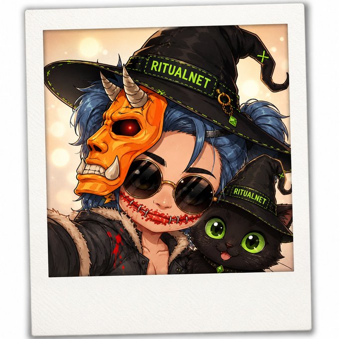 The image features two cartoon characters, one wearing a witch's hat and the other wearing a black hat. The character in the witch's hat has a mask with red eyes and horns, while the character in the black hat has green eyes and a tongue sticking out. Both characters are wearing sunglasses.