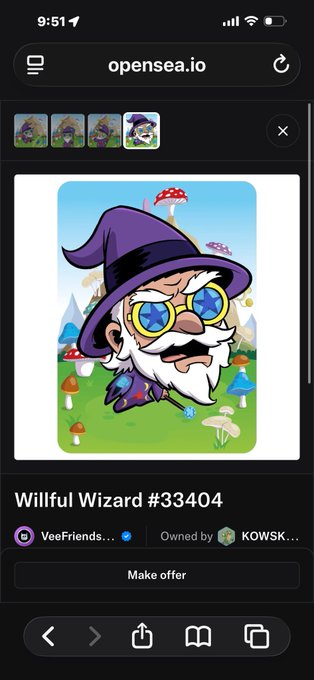 An OpenSea (opensea.io) mobile screenshot displaying an NFT called 'Willful Wizard #33404' from the VeeFriends collection, depicting a cartoon wizard with blue glasses and a white beard in a mushroom field.