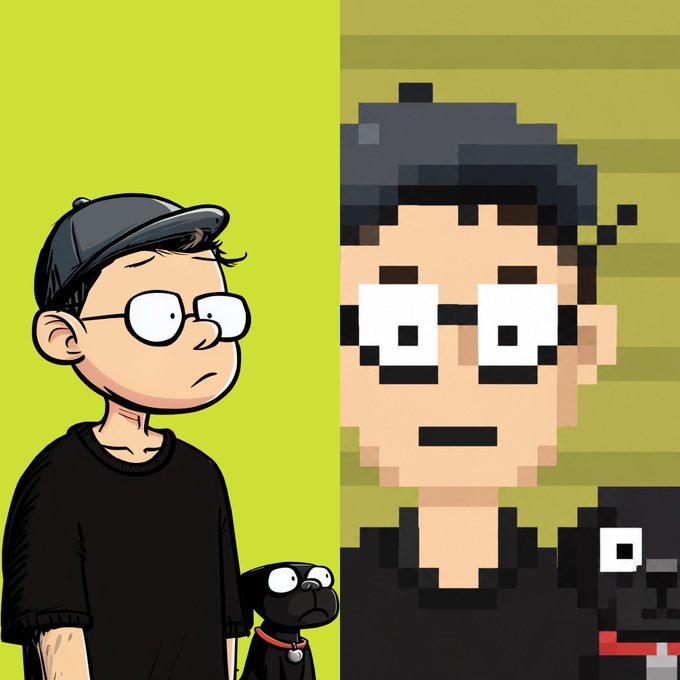 A split-screen illustration showing a cartoon man with glasses and a black cap holding a small pug on the left, and a pixelated version of the same character with his dog on the right.