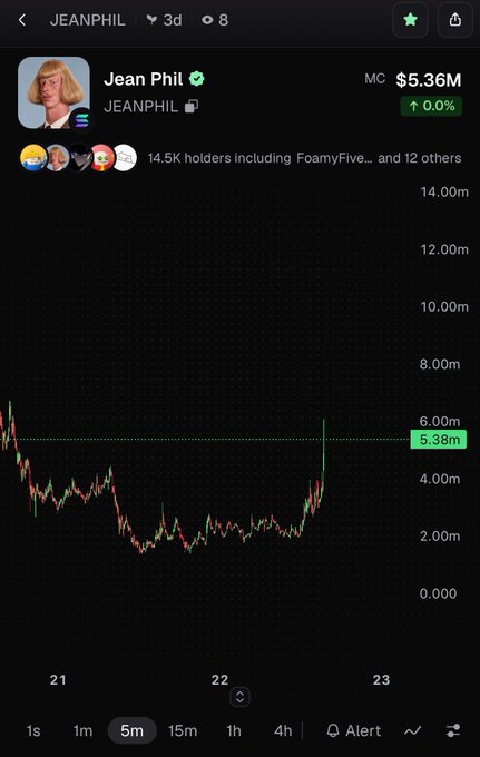 A mobile trading chart for JEANPHIL token showing a market cap of $5.36M with a 5-minute price chart trending upward over 3 days.