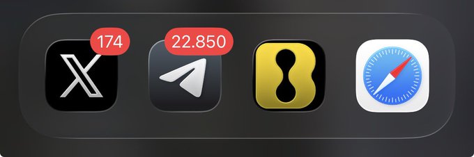 A mobile dock screenshot showing four app icons—X (formerly Twitter) with 174 notifications, Telegram with 22,850 notifications, what appears to be a Telegram-related yellow app, and Safari—suggesting this crypto enthusiast receives heavy messaging activity, fitting the "2026 mobile dock" theme.