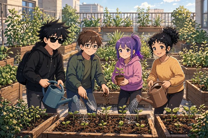 An anime-style illustration shows four diverse characters tending to a rooftop garden, watering young seedlings in wooden raised beds with watering cans and small tools.
