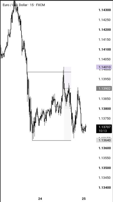 A candlestick chart shows the Euro/US Dollar currency pair falling from approximately 1.14010 to below 1.13707, highlighting an "unfortunate" decline in value.