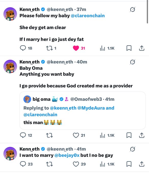 A screenshot of Twitter posts by user Kenneth (@keenn_eth) where he promotes @clareonchain, expresses desire to marry her, and writes 'I want to marry @beejay0x but I no be gay', with a reply from big oma (@Omaofweb3) with laughing emojis.