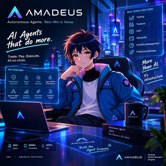 A vibrant promotional graphic for 'AMADEUS' featuring an anime-style character, advertising AI agents for trading, DeFi, payments, and more on-chain.