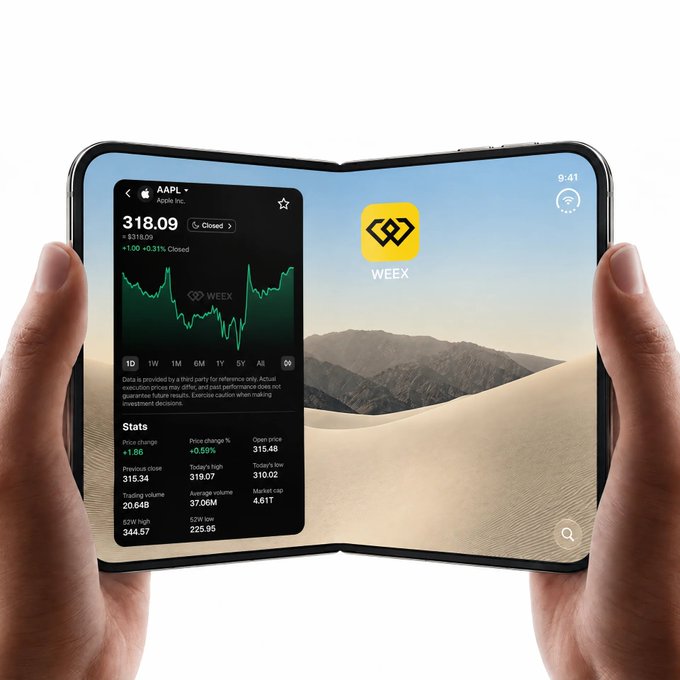 Two hands hold a foldable smartphone displaying a stock chart for AAPL (Apple Inc.) at $318.09 (+0.31%), with the WEEX app logo visible on the right screen, illustrating the "New Apple. Same charts." theme of viewing familiar financial data on the company's innovative new foldable device.