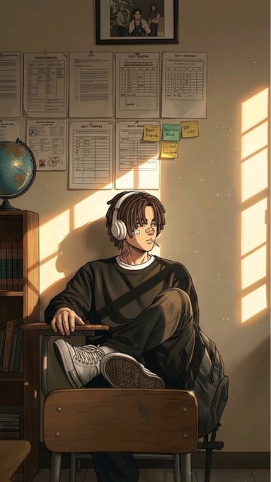 An illustrated image of a young person with headphones and a band-aid on their cheek, sitting casually on a school chair in a sunlit room with posters and a globe on the wall.