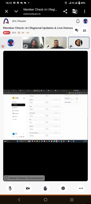 A screenshot of a mobile view of a community.arc.io 'Member Check-In | Regional Updates & Live Demos' session, showing a video call with participants and a shared screen displaying a settings interface.