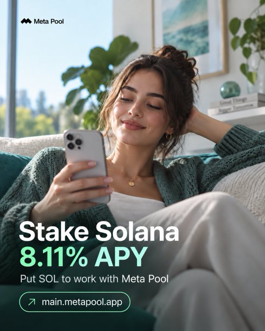 An advertisement for Meta Pool showing a smiling woman holding a phone with text promoting 'Stake Solana 8.11% APY' and a link to main.metapool.app.