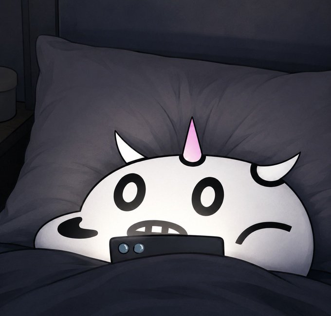 A cartoon illustration shows a white, horned creature with a grumpy expression tucked in bed, looking at a smartphone with wide eyes.