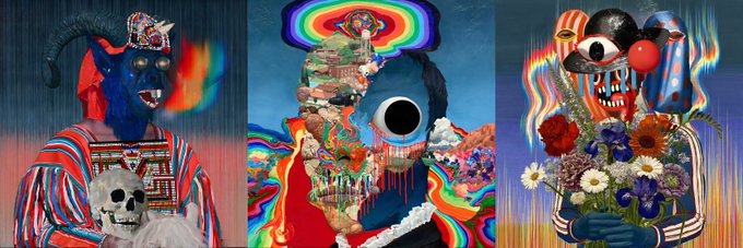 A triptych of surreal, colorful AI-generated art pieces featuring bizarre figures including a blue horned character with a skull, a figure with a large eye and rainbow halo, and a mechanical creature holding a bouquet of flowers.