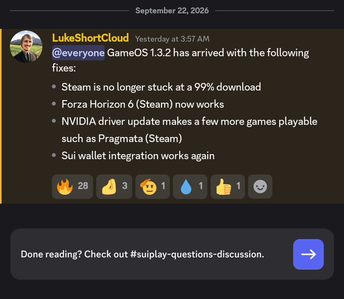 A Discord message from 'LukeShortCloud' announcing GameOS 1.3.2 updates, including fixes for Steam downloads, Forza Horizon 6, NVIDIA drivers, and Sui wallet integration.