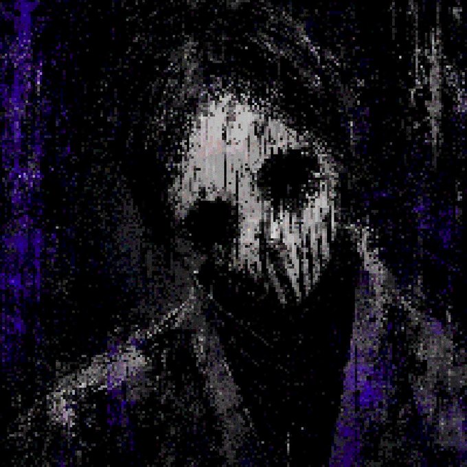 A dark, eerie digital artwork or pixelated image of a skull-like face with large black eyes against a purple and black textured background.