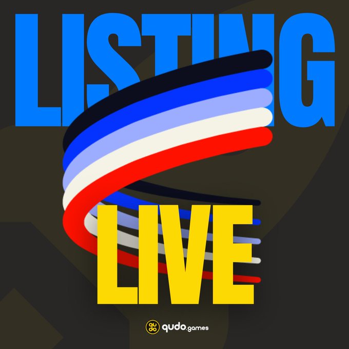 A bold graphic with "LISTING LIVE" in blue and yellow text features a swirling tornado-like ribbon in red, white, and blue, with "qudo.games" displayed at the bottom, announcing the listing of $QUDO tokens on AerodromeFi.